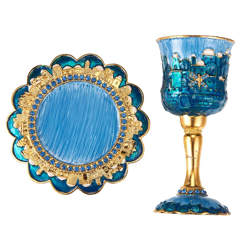 Matashi Hand-Painted Enamel Tall 5" Kiddush Cup Set with Stem and Tray Embellished with Crystals, Jerusalem Cityscape for Weddings Shabbat Havdalah Passover Goblet Judaica Gift - Image 3